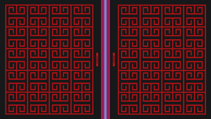 Red Greek Key Pattern on Dark Doors