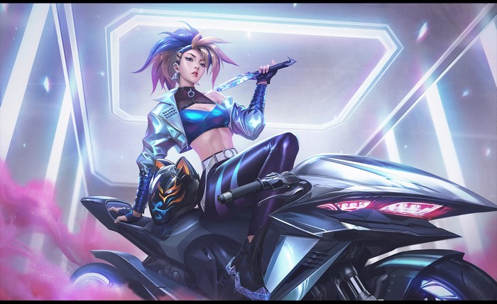 KDA Akali from League of Legends on a motorcycle