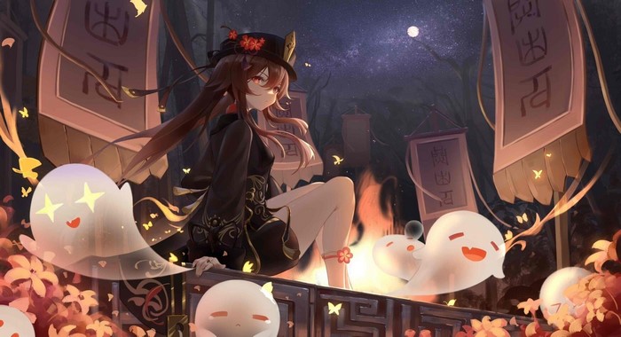 Hu Tao with Ghost Companions in Night Forest