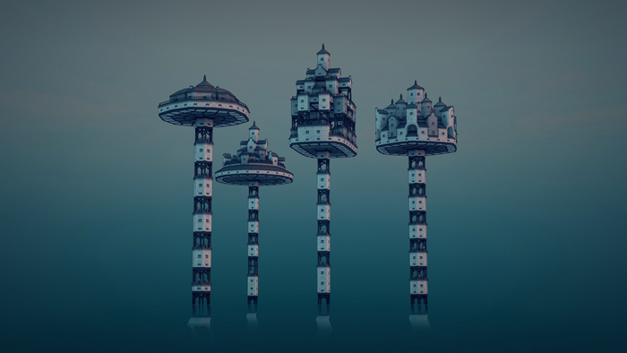Townscaper digital art of floating island towns