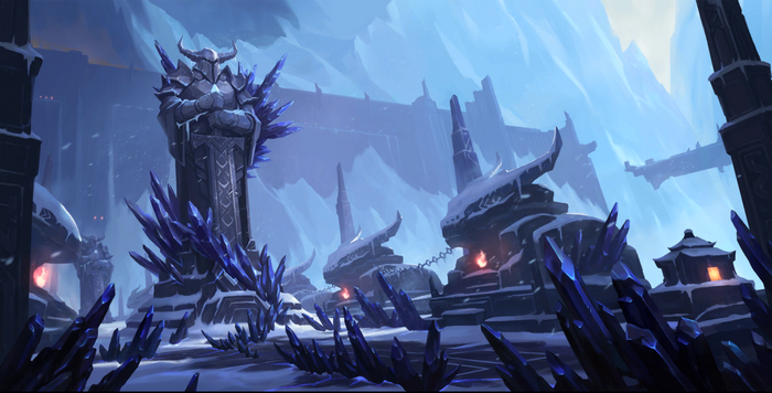 Frozen fortress with ice crystals and statues