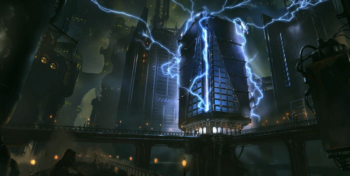 League of Legends: Piltover cityscape with lightning