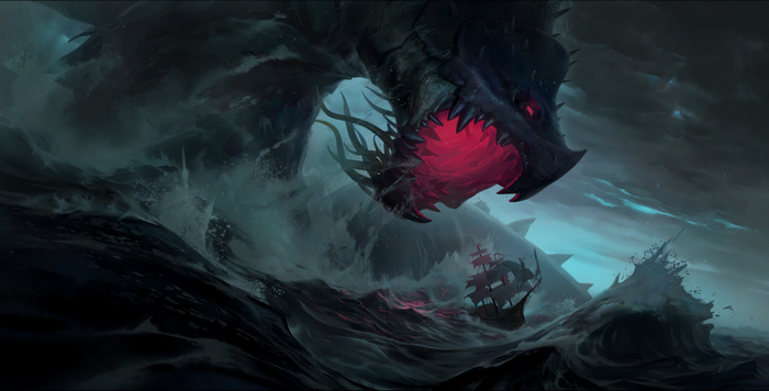 Giant sea monster attacking a ship in stormy seas