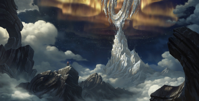 League of Legends: A figure stands on a rocky outcrop overlooking a snowy mountain and aurora.