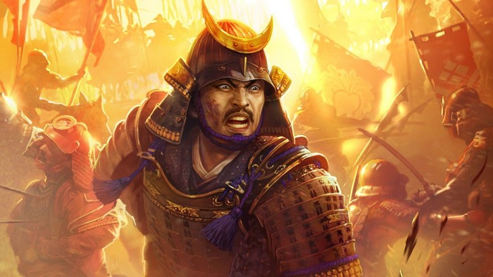 Samurai warrior in battle with banners and soldiers