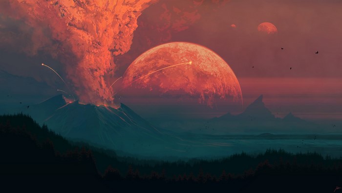Volcanic eruption with planets in the sky
