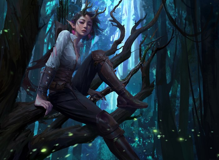 Elf archer with antlers sitting on a tree branch