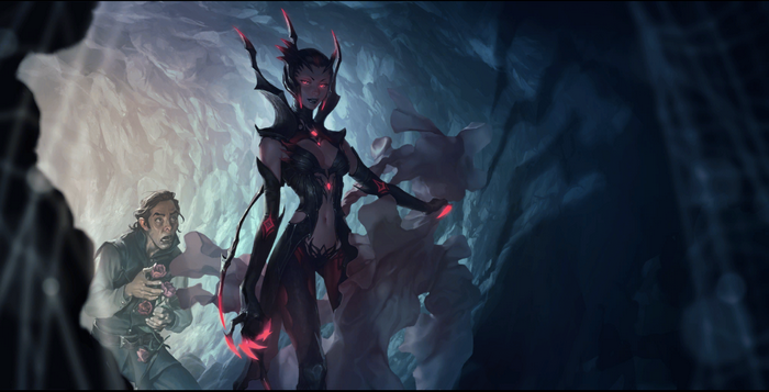 Elise from League of Legends with a man holding roses