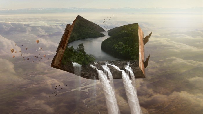 Surreal landscape book with waterfalls and hot air balloons