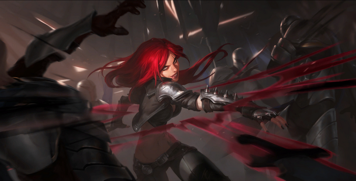 Katarina from League of Legends fighting armored soldiers