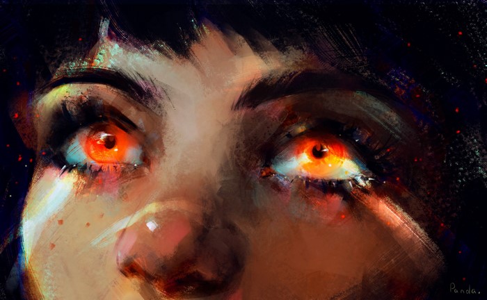 Close-up of a woman's face with glowing orange eyes
