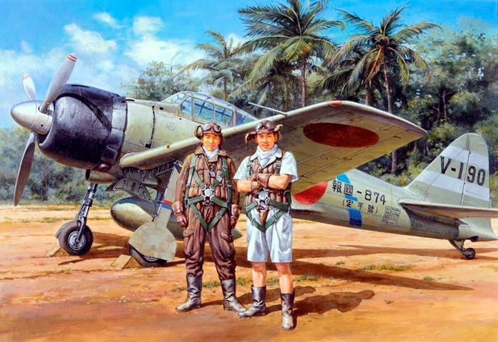 Two Japanese pilots with a Mitsubishi A6M Zero fighter plane