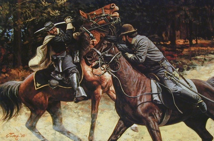 Two Civil War cavalry soldiers fighting on horseback