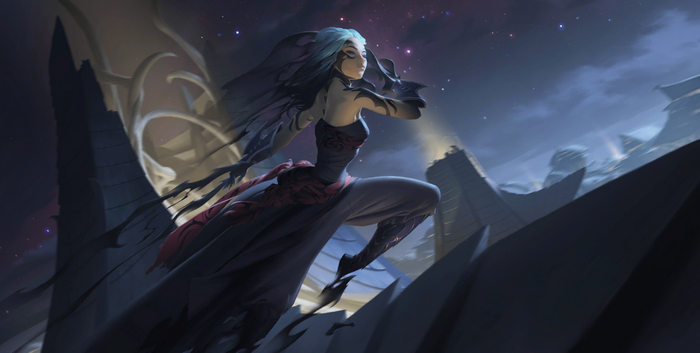Katarina from League of Legends in a dark, starry landscape