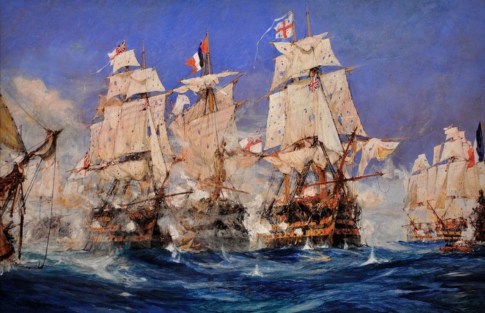 Naval battle painting with sailing warships