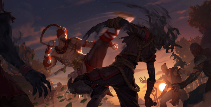 Lee Sin from League of Legends fighting shadowy figures