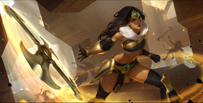 Noxian woman with axe in ancient ruins