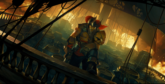 Pirate captain on a burning ship in Legends of Runeterra