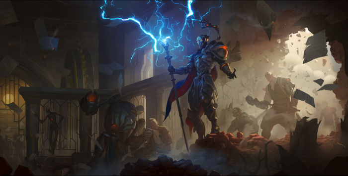 League of Legends character with lightning staff in ruined library