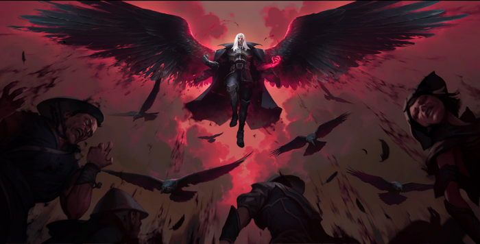 Vastayan with black wings and crows over terrified people
