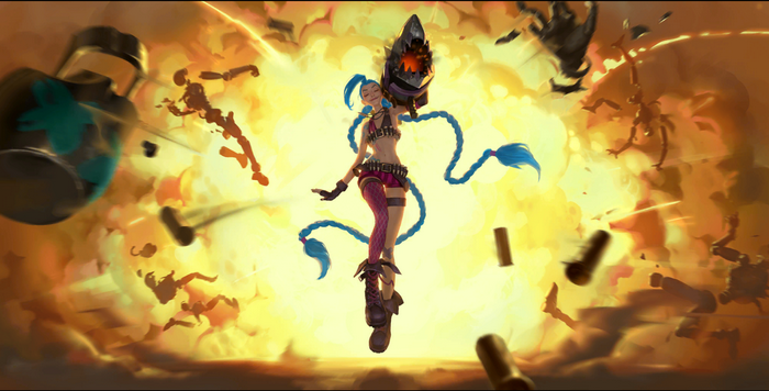 Jinx from League of Legends in an explosion