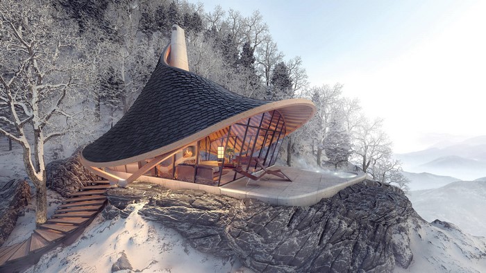 Modern wooden house on a snowy mountain cliff with fireplace