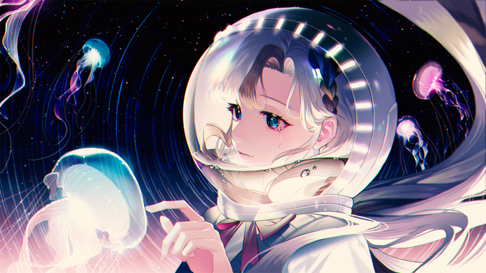Anime girl in space helmet with jellyfish