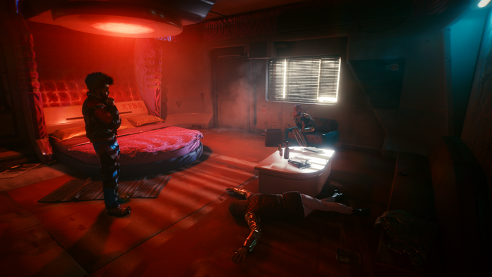 Cyberpunk 2077 room with characters and dead body