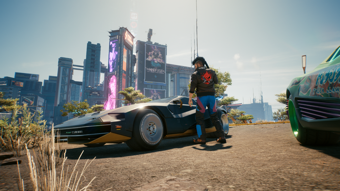 Cyberpunk 2077 character with cars and cityscape