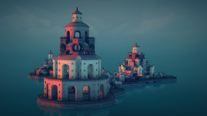 Townscaper video game art with islands and towers