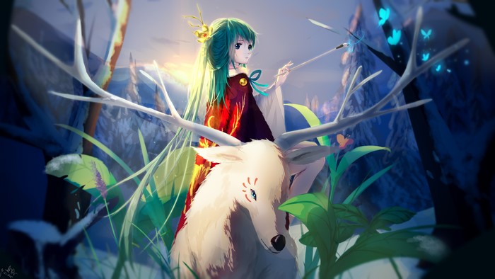 Hatsune Miku from Vocaloid with a deer