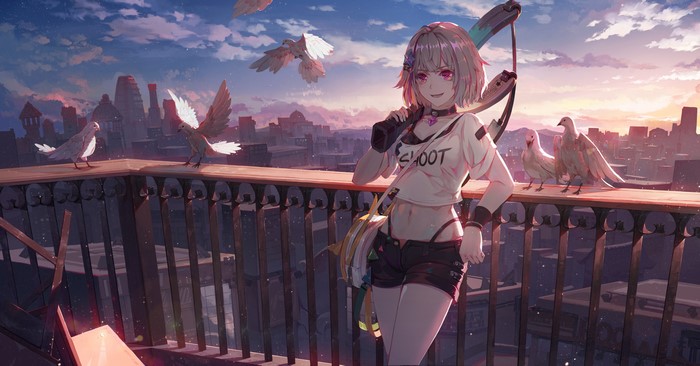 Anime girl with red eyes and a crossbow on a rooftop