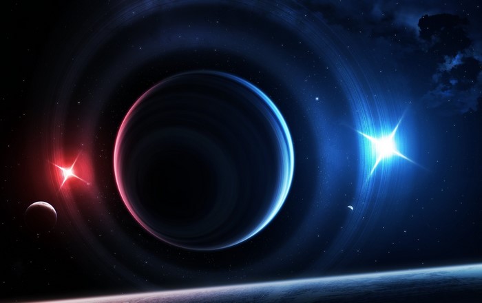 Planet with rings in space with stars and nebulae