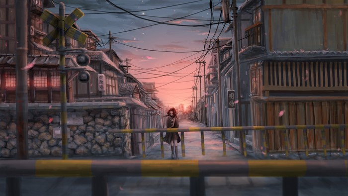 Anime girl at Japanese railroad crossing at sunset