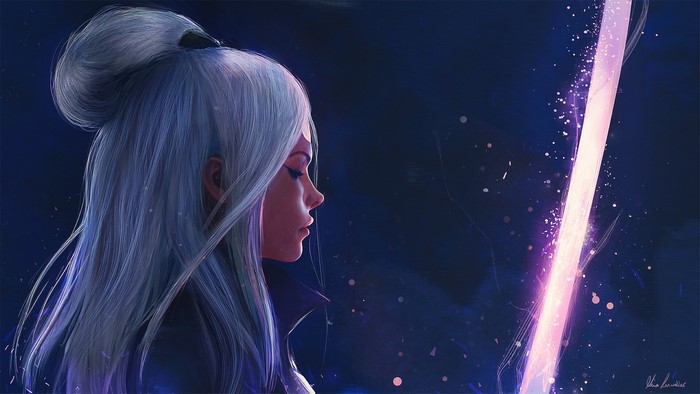 Woman with white hair and a glowing purple sword