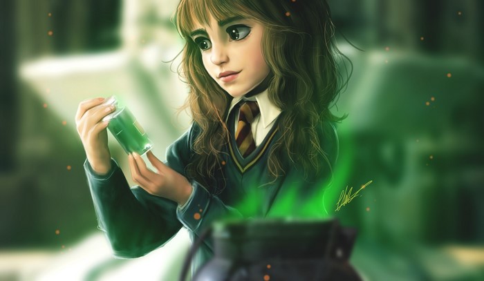 Hermione Granger from Harry Potter in a potion class