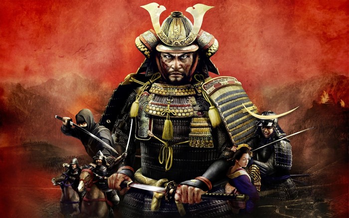 Samurai warrior with ninjas and geisha