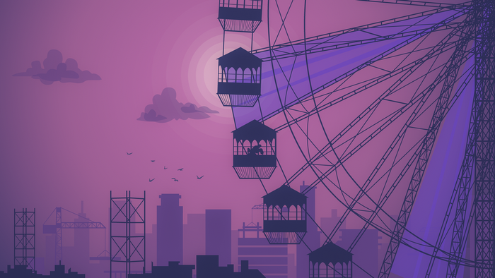 Ferris wheel silhouette against purple sunset over city