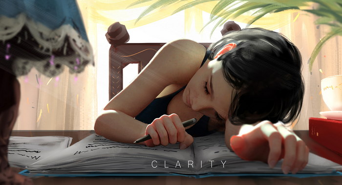 Woman sleeping on a book with the word CLARITY