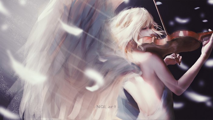 Angel playing violin with feathers