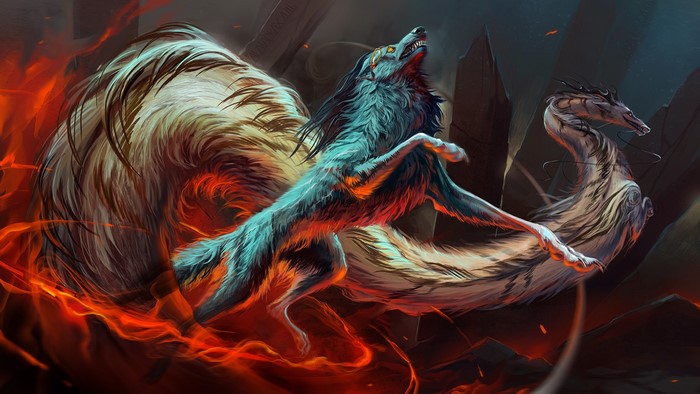 Fantasy wolf creature with multiple tails and a dragon-like creature