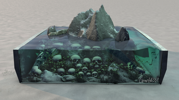 3D diorama with skulls and mountains in water