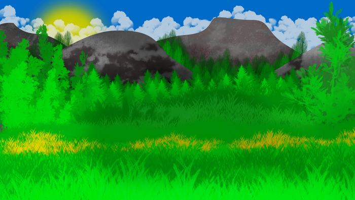 Mountain landscape with forest and sun