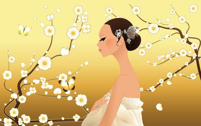 Artwork of a woman with flowers and butterflies