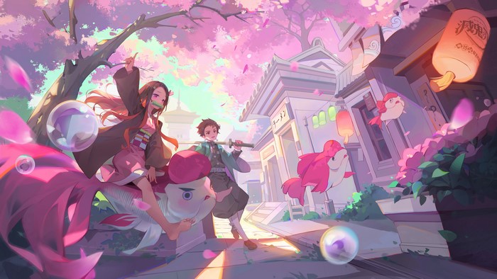 Nezuko and Tanjiro from Kimetsu no Yaiba in a Japanese town