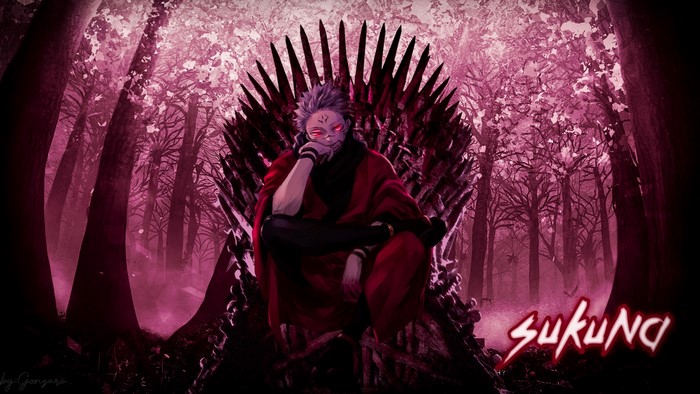 Sukuna on Throne with Red Demon Eyes
