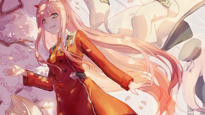 Zero Two from Darling in the FranXX with cherry blossoms