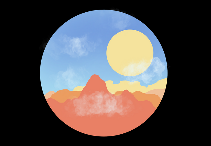 Digital painting of a desert landscape at sunrise