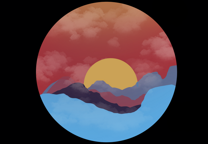 Artwork of a sunset over mountains and water