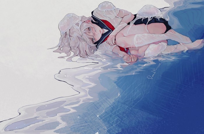 Anime girl in sailor uniform with jellyfish in water